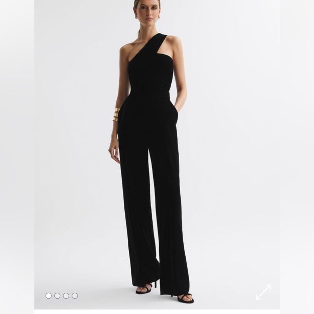 REISS Winter Velvet One Shoulder Jumpsuit Black